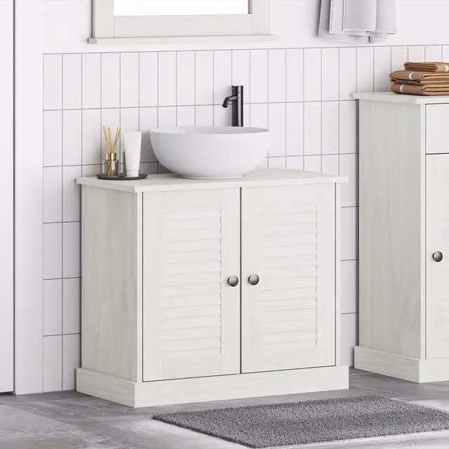 Berkfield Home VIGO Sink Cabinet in White Solid Pine Wood with Hinged Doors, W: 67.5 cm, D: 34 cm, H: 59 cm – 1