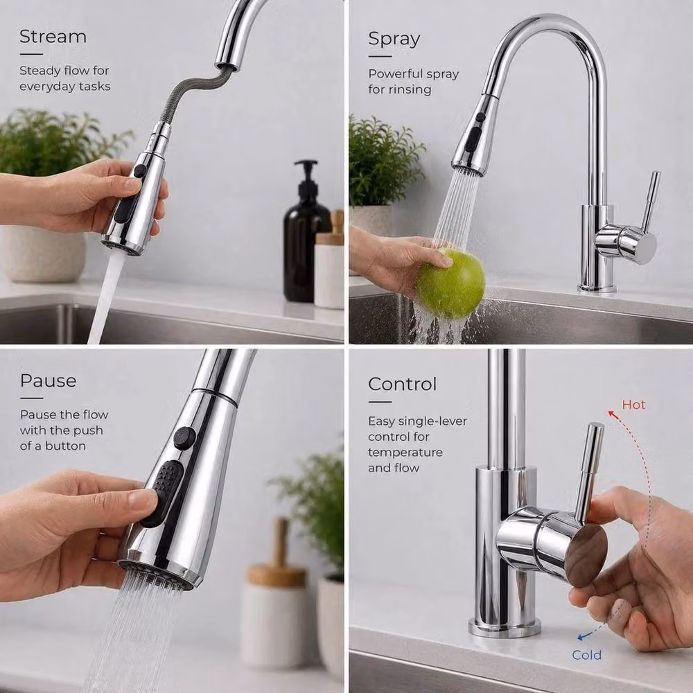 EONLION Silver Chrome Kitchen Sink Pull Out Mixer Tap Faucet with Spray Function – 3
