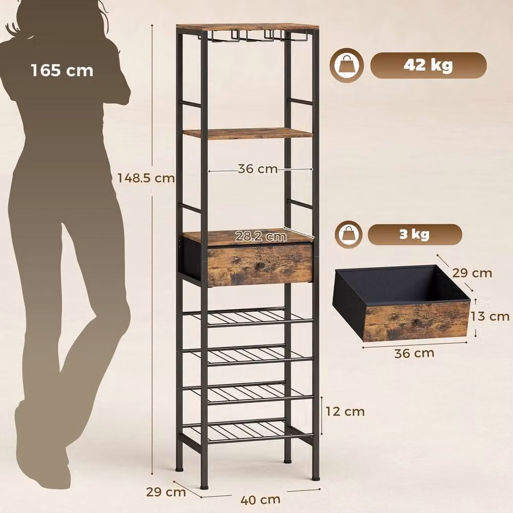 EONLION Brown Industrial Wine Bar Cabinet with Glass Doors, Bottle Rack and Internal Drawers, W/D/H: 100 x 29 x 148.5 cm – 2
