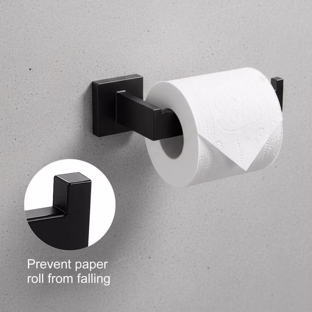 Kelvenix 5-Piece Black 304 Stainless Steel Wall-Mounted Bathroom Set Including Towel Rack, Toilet Roll Holder, Towel Ring and Towel Hooks – 3