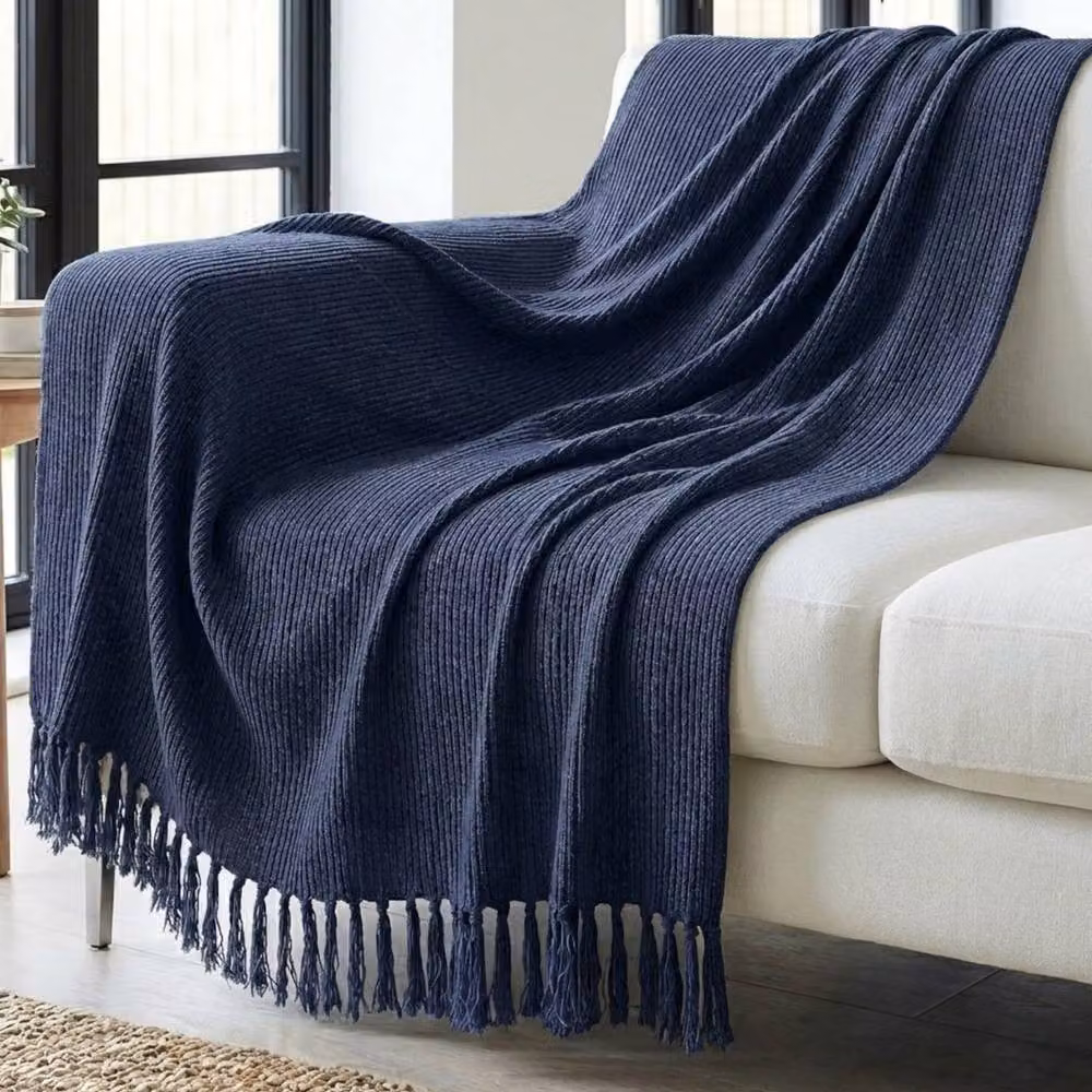 Garden Greatness Navy Blue Woven Cotton Striped Throw with Fringes W/D/H: 180 x 130 x 1 cm – 2
