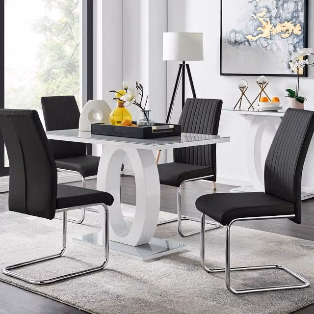 FurnitureboxUK Giovani Modern High Gloss Grey Glass Rectangular Dining Table and 4 Black Lorenzo Chairs Set