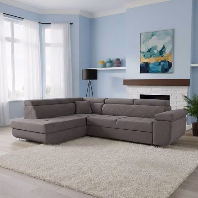 MN Furniture Modern L-Shape Plush Velvet 3 Seater Corner Sofa Bed with Integrated Storage and Adjustable Headrests in Grey – 1