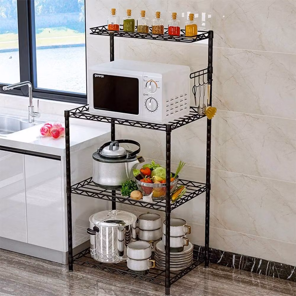 Havendro 4-Tier Black Metal Kitchen Rack and Microwave Stand with 5 Hooks – 3