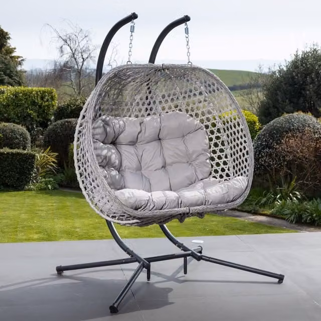 Artemis Home Modern Grey Rattan Double Garden Seat with Weatherproof Cushions and Adjustable Headrest