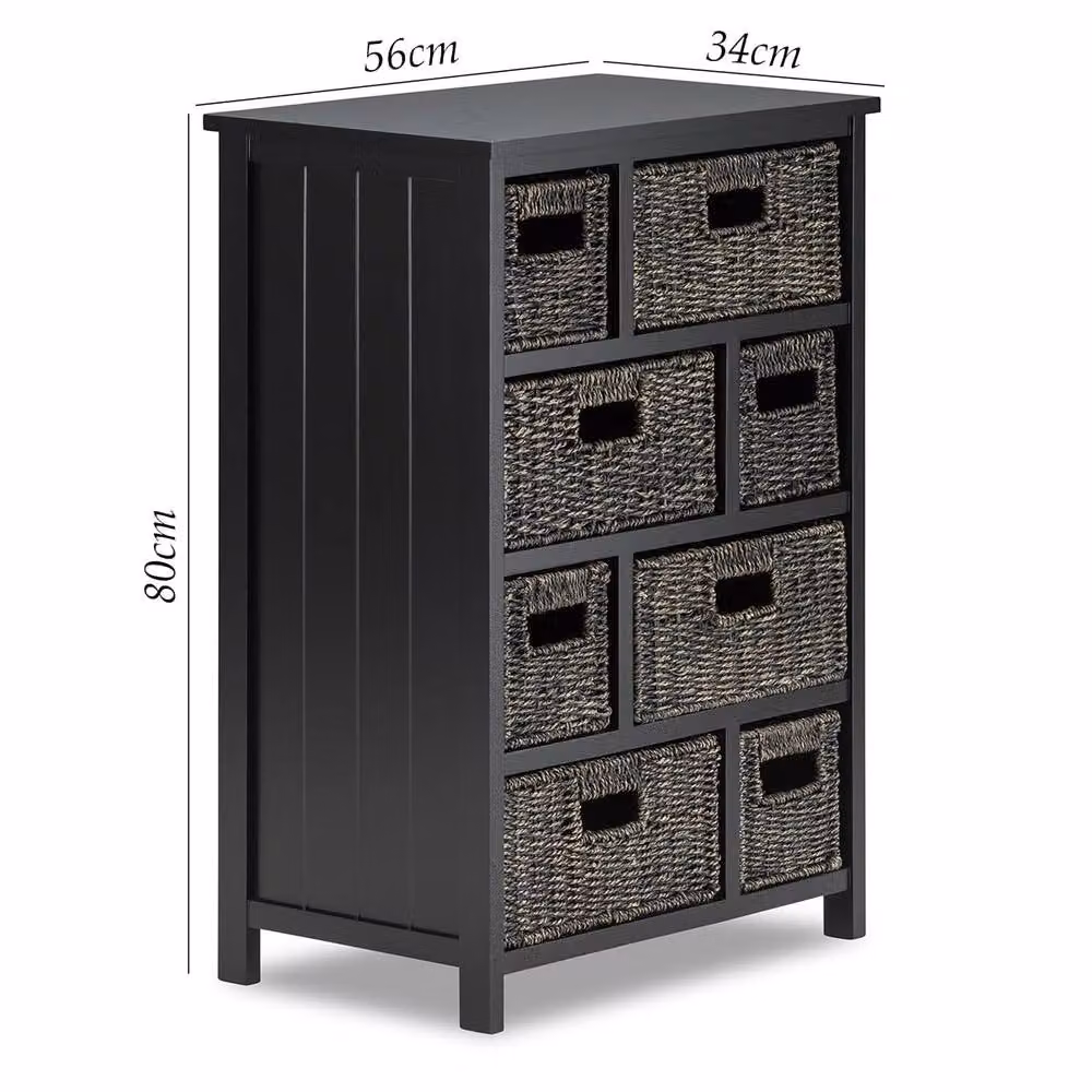 Statement Furniture Tetbury 8 Drawer Storage Unit in Black with Blackwash Seagrass Baskets, W/D/H: 80 x 34 x 56 cm – 2