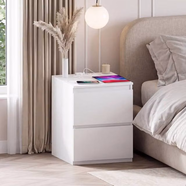 Vida Designs Denver 2 Drawer Large Bedside Chest with Power Outlet in White