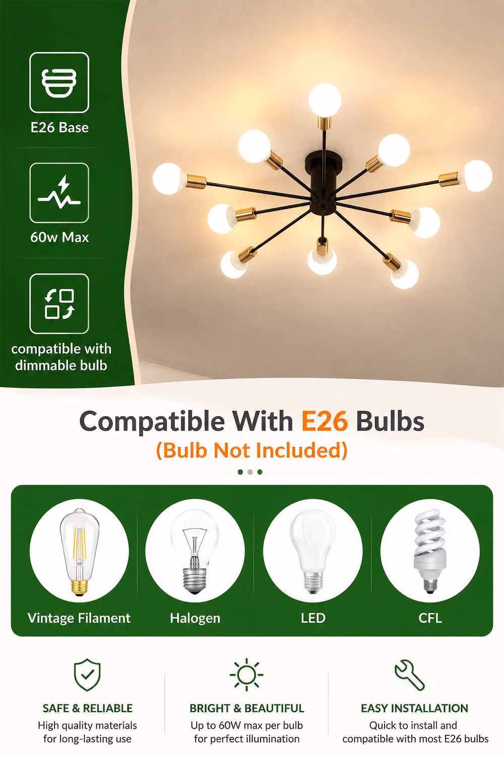 INMTFEI 10-Light Sputnik Ceiling Light in Black and Gold Metal with E26 Flush Mount – 7