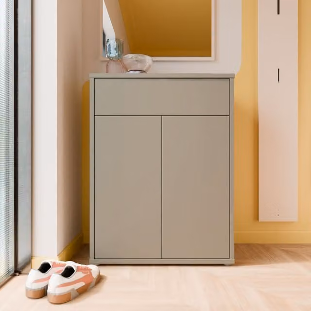 Furniture To Go Alice Springs Modern Shoe Cabinet with 2 Hinged Push-to-Open Doors and Internal Drawers in Light Grey and Taupe