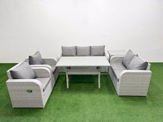 Fimous PE Rattan Garden Furniture Set in Light Grey with Reclining Chairs, Double Love Seat, Rectangular Dining Table and Side Table