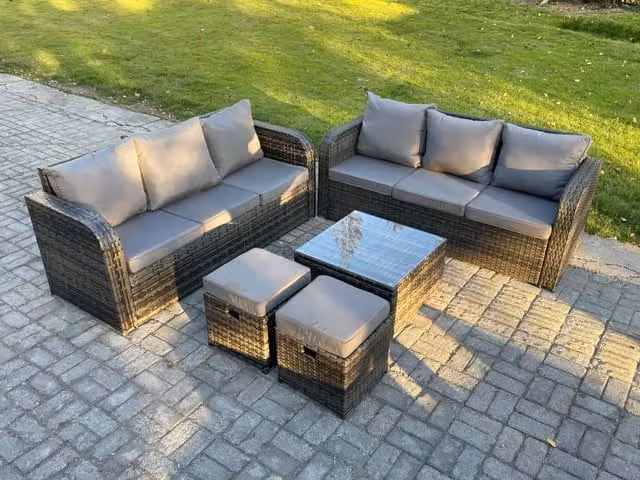 Fimous 8 Seater Rattan Garden Furniture Set with Table, Sofa, Chairs, Grey Cushions and 2 Small Footstools in Dark Grey