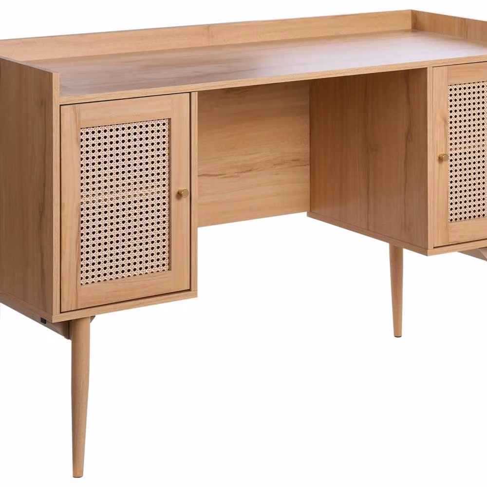 Wyld and Coco Modern Home Office Computer Desk in Light Brown Wood with PE Rattan 2 Door Storage – 2