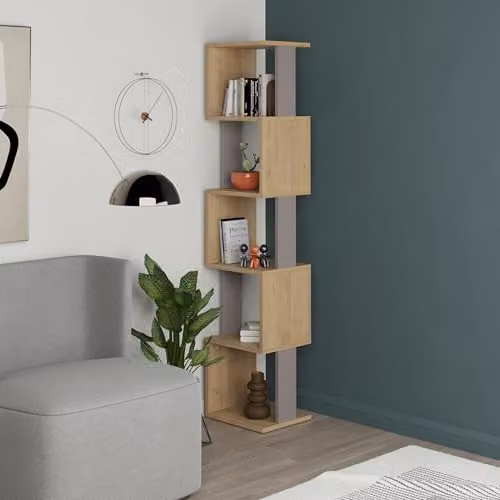 HOCUS PICUS 5 Tier Cube Bookcase in Oak and Brown, W/D/H: 161.0 x 35.0 x 30.0 cm – 1