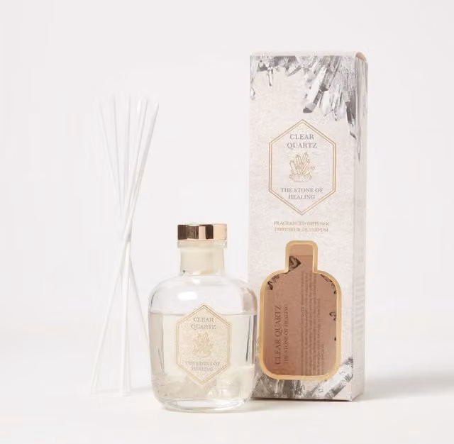 HOMESCAPES Clear Quartz Crystal Reed Diffuser with Fresh Scent in Grey