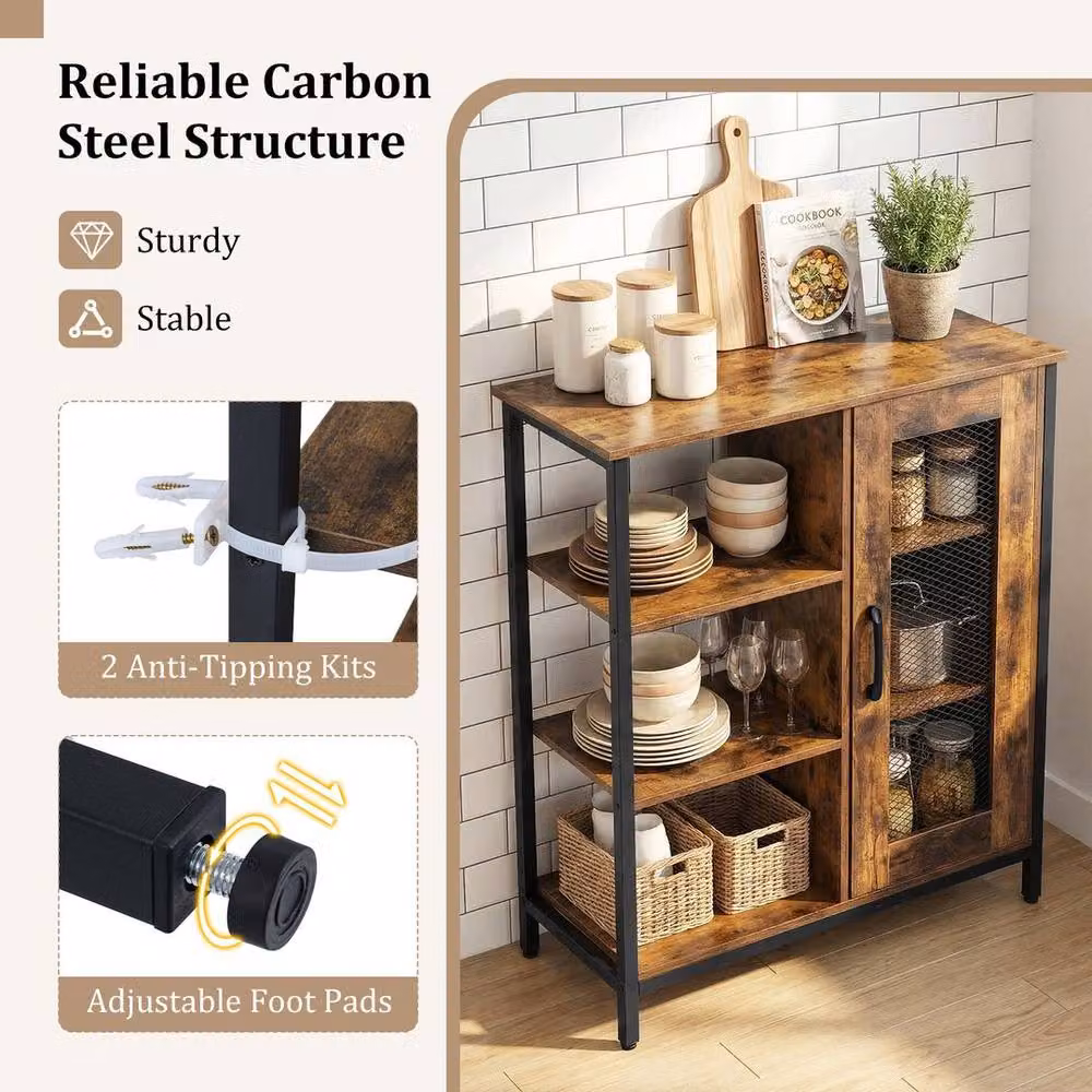 EONLION Modern Coffee Bar Cabinet in Brown with Adjustable Shelves – 3