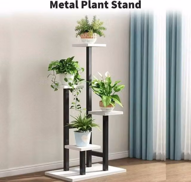 EONLION 4-Tier Metal Plant Display Stand Rack in Black and White, W/D/H: 84 x 35 x 24 cm