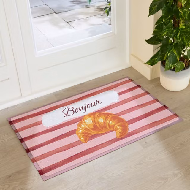 Artsy Mats Croissant Bonjour Indoor Outdoor Doormat, Multicolour Pink, W: 90 cm, D: 60 cm