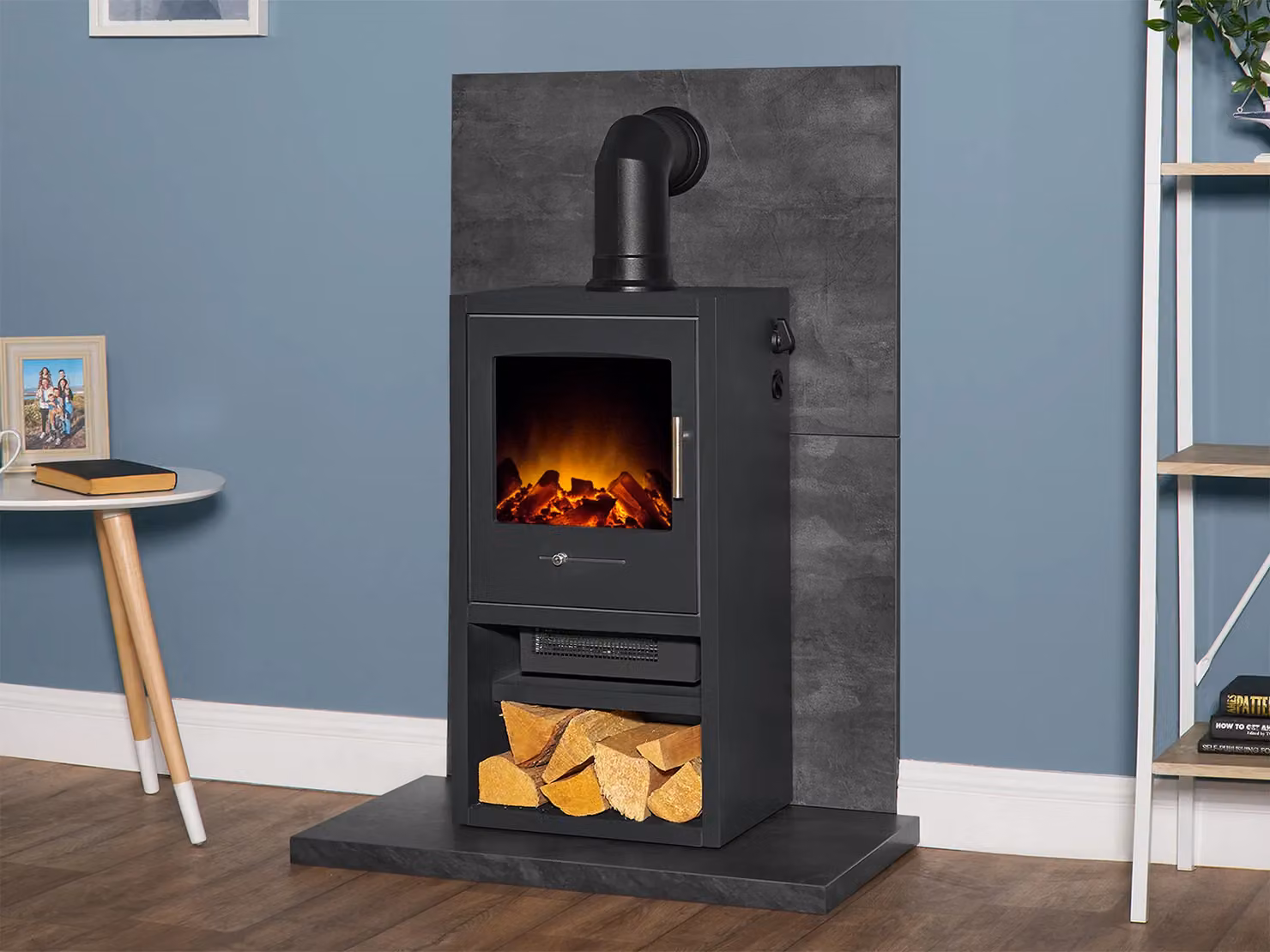 Acantha Tile and Hearth Set in Grey Slate Venetian Plaster Effect with Bergen XL Stove and Angled Pipe – 2