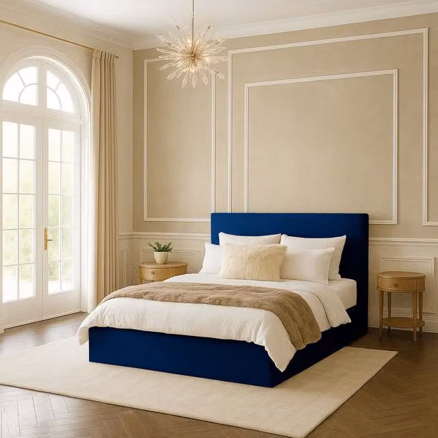 Desire Deco Modern Plain Upholstered Bed Frame in Blue, W/D/H: 140 x 200 cm