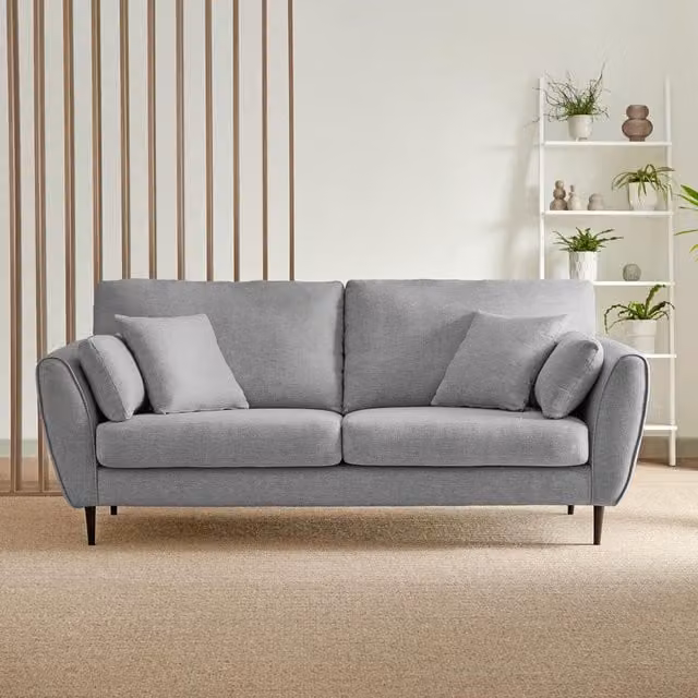 Furniturebox Ida 3 Seater Grey Fabric Living Room Sofa with Scatter Cushions and Solid Wood Frame