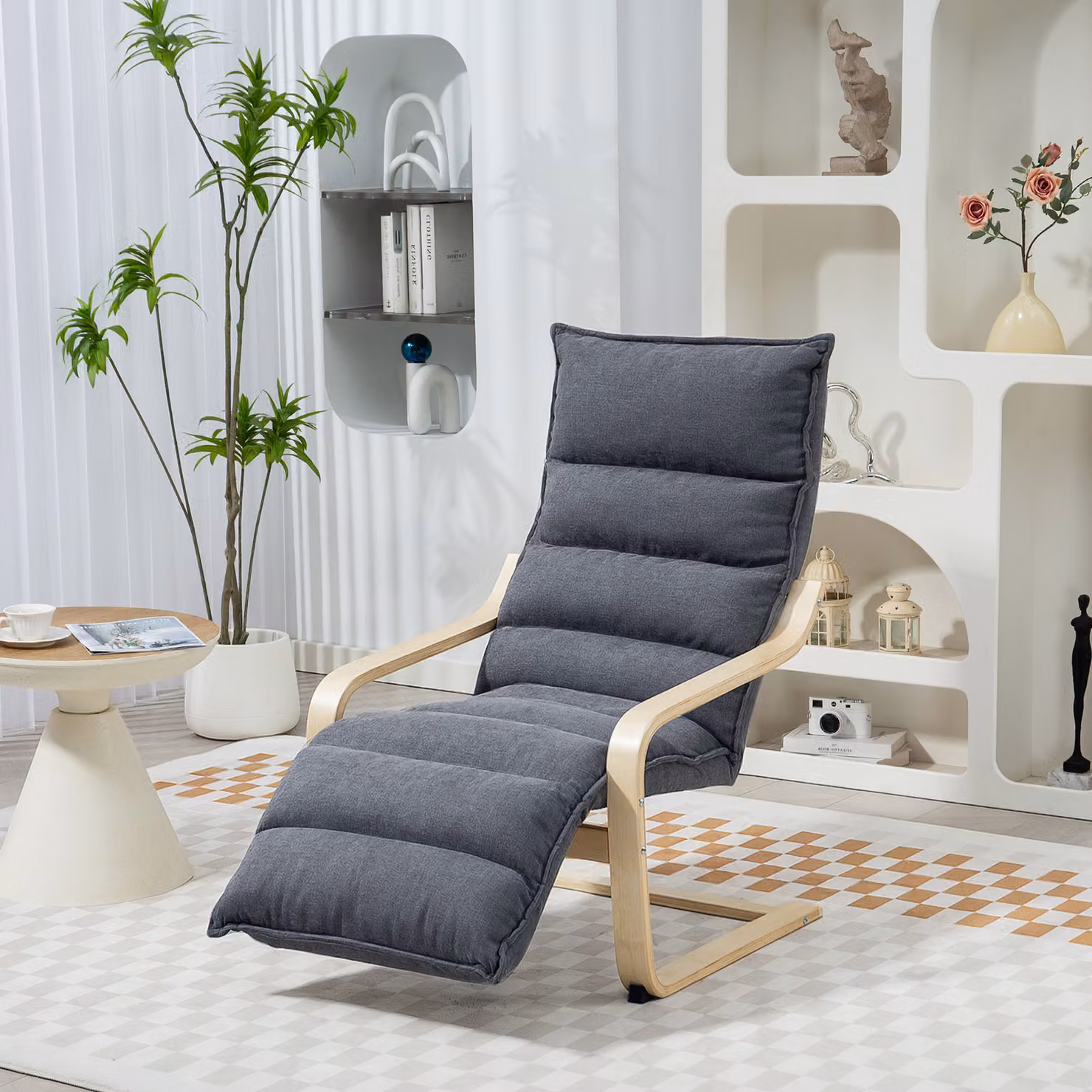 HOMCOM Curved Wooden Accent Chair with Adjustable Footrest in Dark Grey Velvet Fabric – 2