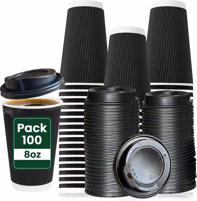 ECONX Disposable Kraft Paper Coffee Mugs with Lids, Black and White, 236.588 ml, Pack of 100