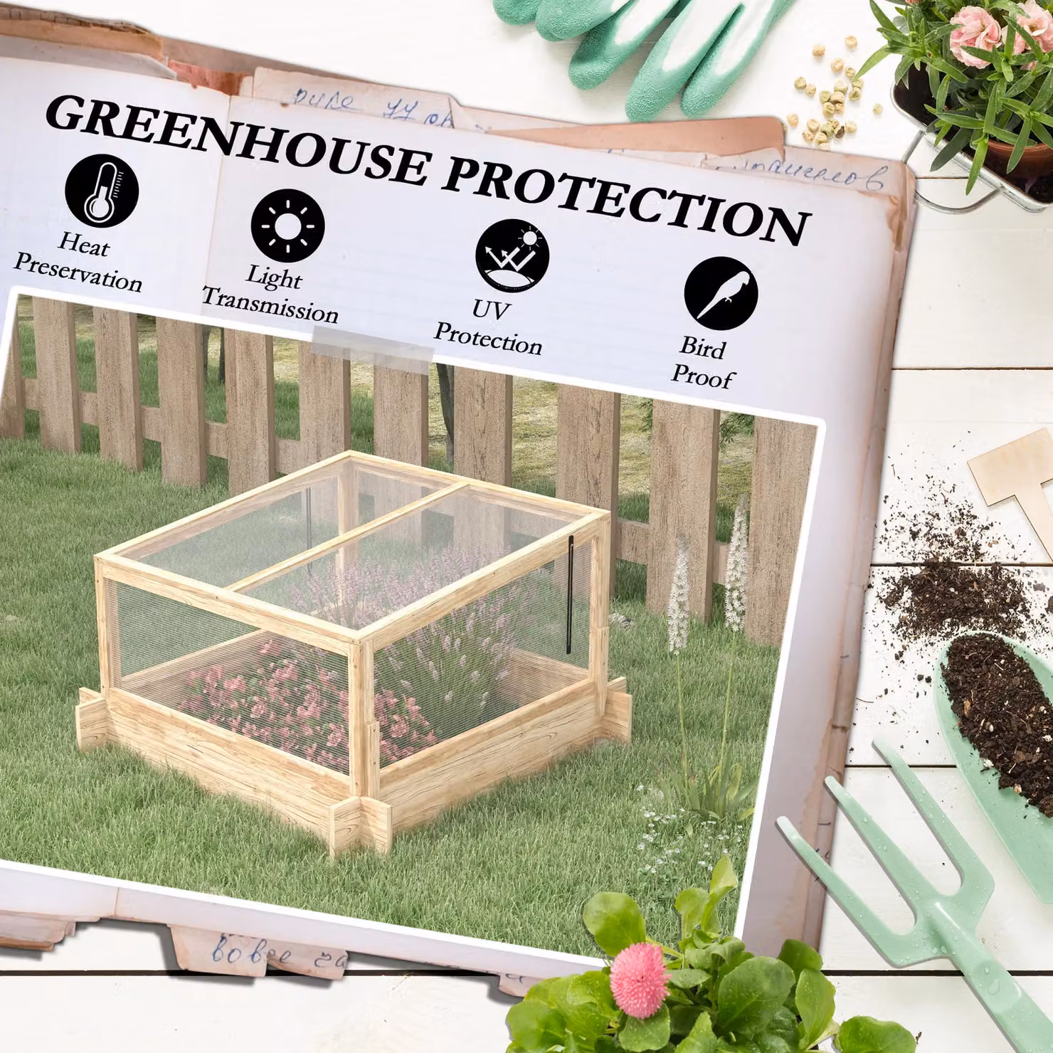 OUTSUNNY Wooden Outdoor Raised Garden Bed with Polycarbonate Cold Frame Greenhouse and Openable Top in Brown and Beige – 3