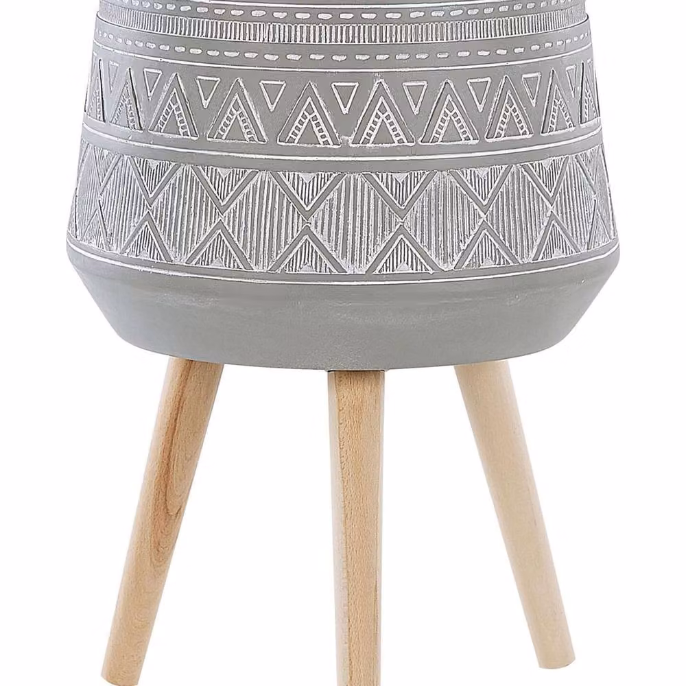 Wyld and Coco Tall Round Plant Stand in Light Grey Magnesium with Beechwood Base – 2