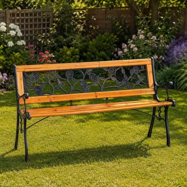Samuel Alexander 2 Seater Brown Wooden and Cast Iron Garden Bench with Rose Design – 1