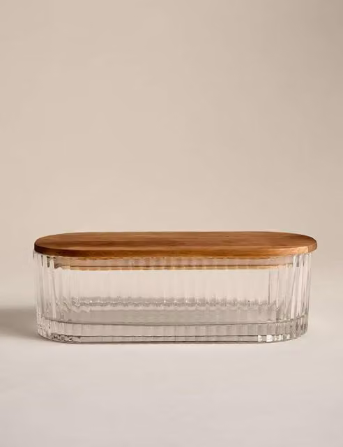 M&S Medium Airtight Ribbed Glass Container with Wood and Silicone Lid in Transparent