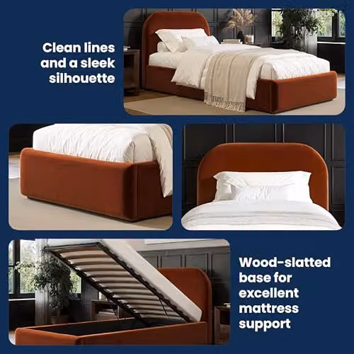 Flair Furnishings Alba Single Ottoman Bed Frame with Storage and Curved Headboard in Orange Velvet, W/D/H: 90 x 190 x 105 cm – 7