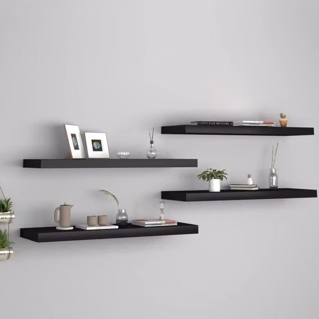 Berkfield Home Floating Wall Shelves, 4 Piece Set in Black, W: 80 cm, D: 23.5 cm, H: 3.8 cm – 1