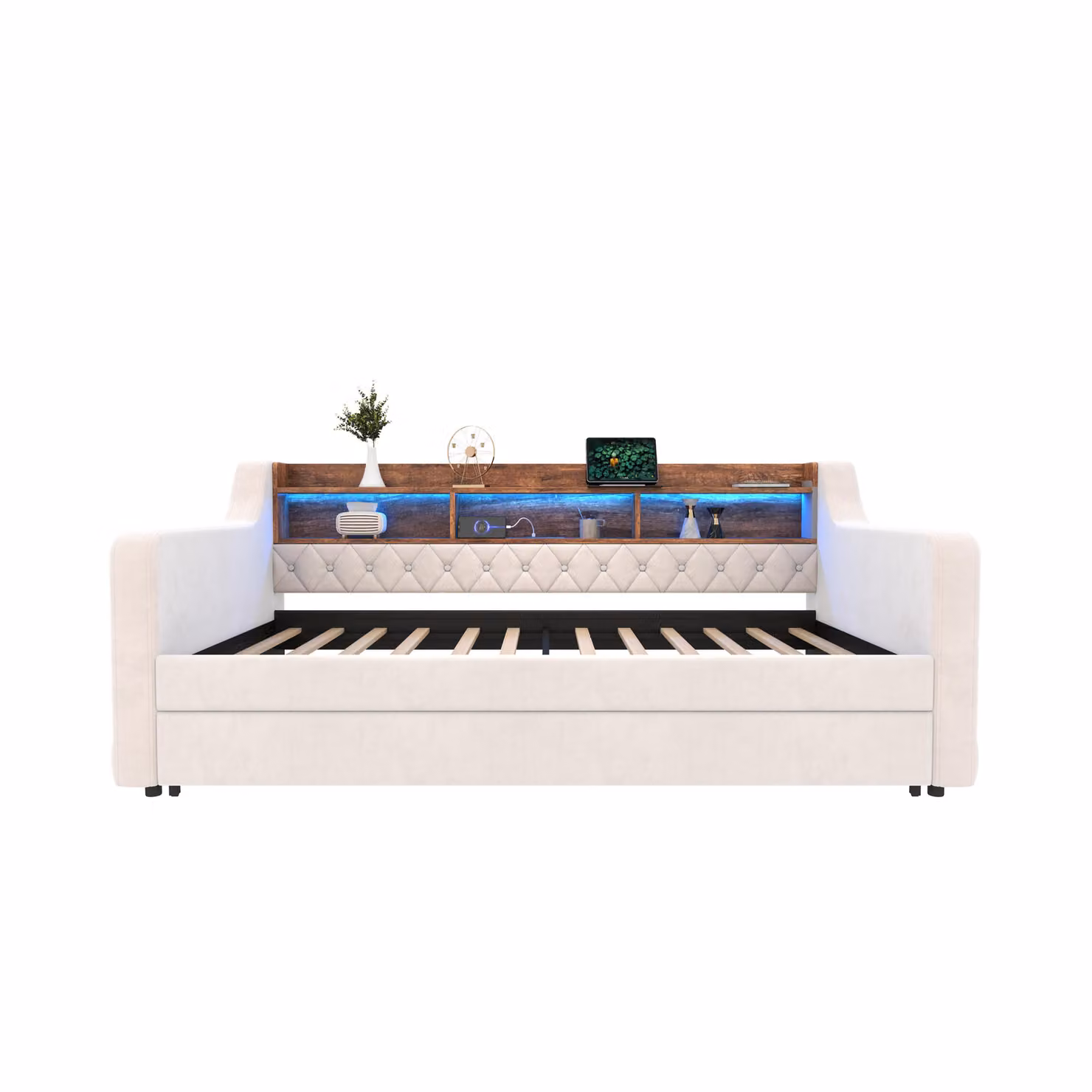 Aosom UK Beige Velvet Upholstered Space-Saving Sofa Bed with Adjustable LED Lighting, USB-C Port and Built-in Storage Shelf, W/D/H: 201 x 107 x 75 cm – 2