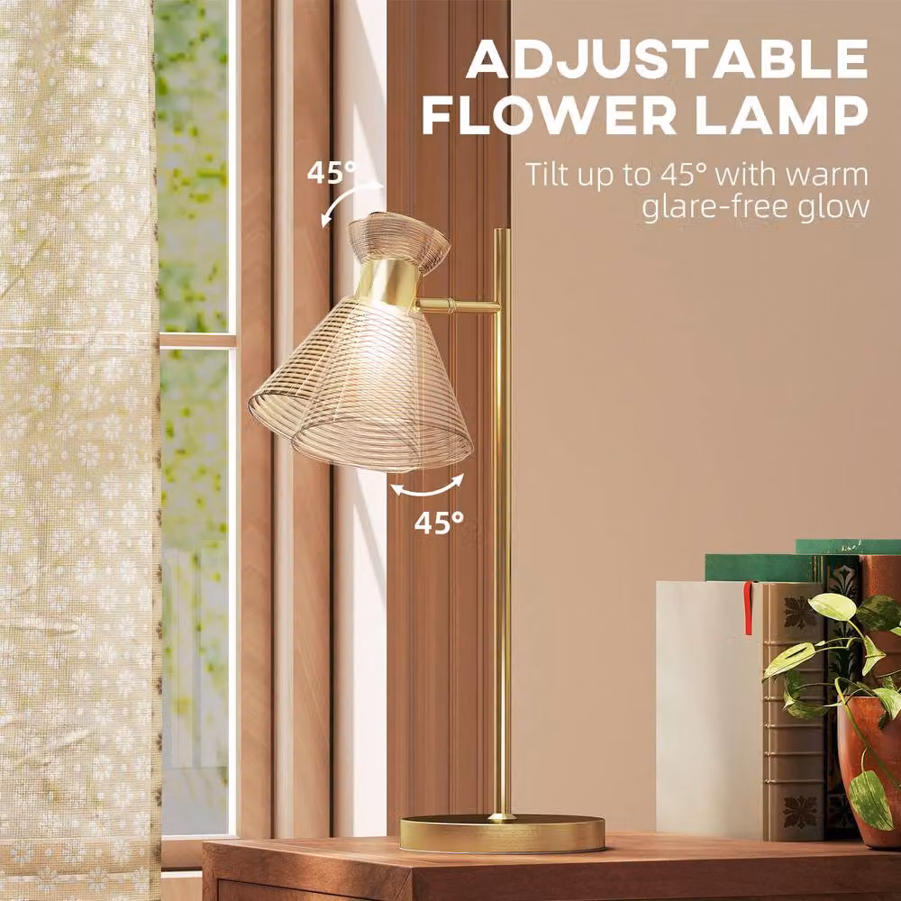 HOMCOM Modern Table Lamp with Adjustable Head and Amber Glass Shade in Gold/Brass – 3
