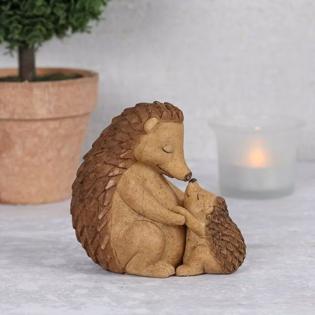 Uniqueful Happy Hoglet Mother and Baby Hedgehog Ceramic Ornament in Brown