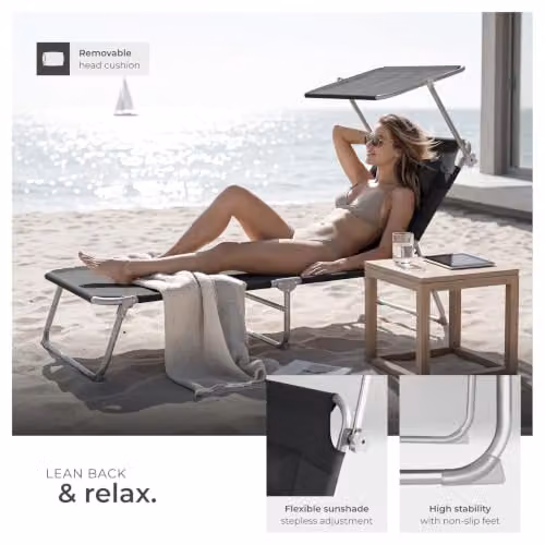 tectake Folding Sun Lounger in Black with Sun Canopy and Adjustable Headrest, W/D/H: 190 x 68 x 111 cm – 6
