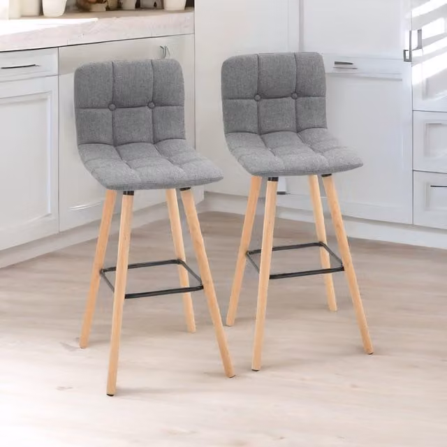 Rafaelo Mobilia Set of 2 Grey Wooden Bar Stools with Backs and Footrests for Kitchen Bars – 1
