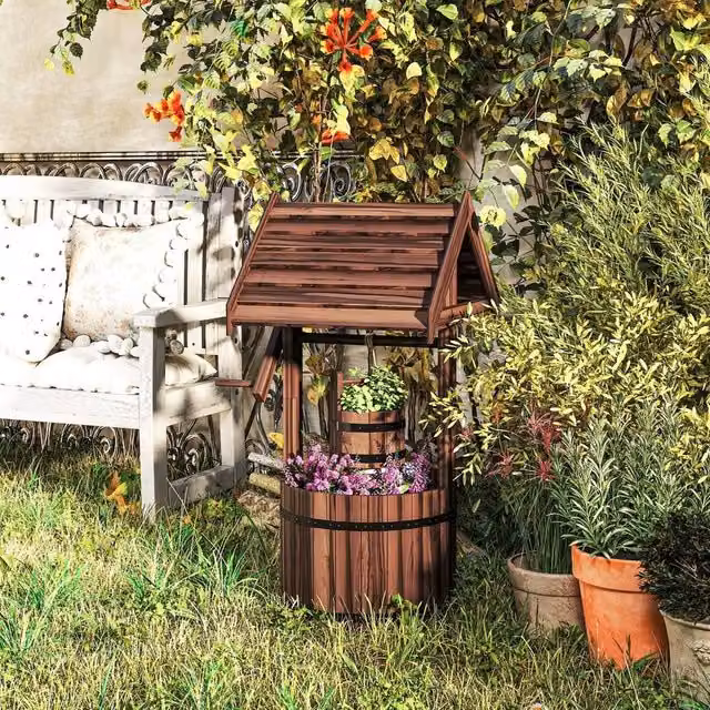 EONLION Brown Wood Wishing Well Planter with Tub – 1