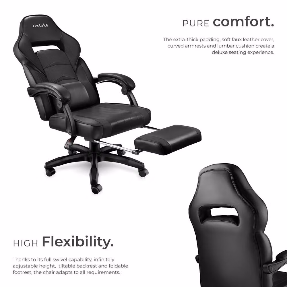 tectake Comodo Gaming Chair in Black with Synthetic Leather, Footrest and Adjustable Backrest – 3