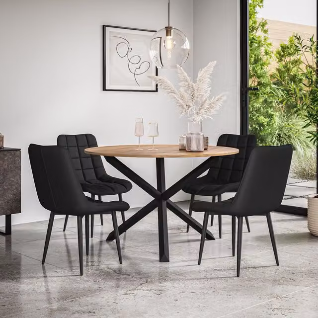 More4Homes Malvern Round Dining Table and Set of 4 Nova Faux Leather Chairs, Oak Top with Black Legs – 1