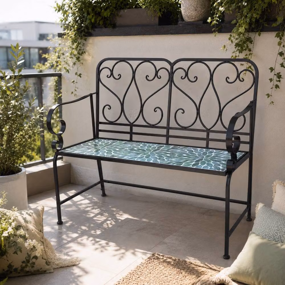 SHATCHI Leaf Mosaic 2 Seater Garden Bench with Metal and Ceramic Tile Seat in Multicolour Green – 4