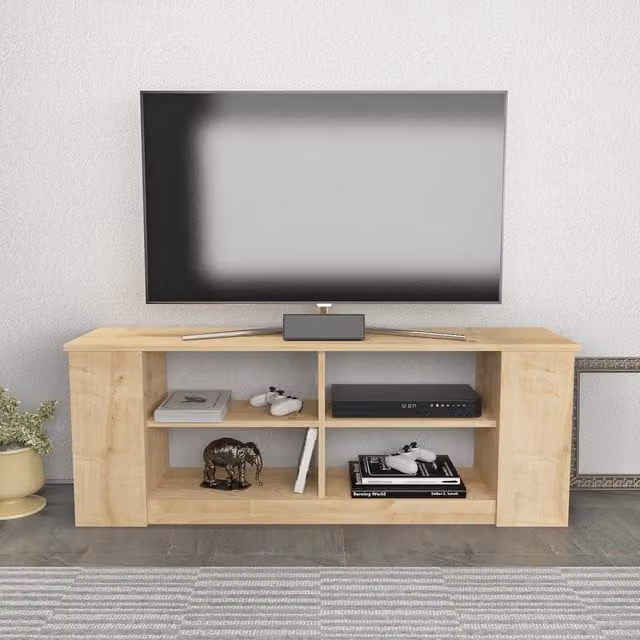 Decorotika Space Modern Geometric TV Unit in Oak Brown and Orange