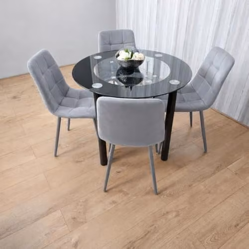 KOSY KOALA Round Black Glass Dining Table and 4 Grey Velvet Chairs Set, W/D/H: 90 x 90 x 75 cm – 1
