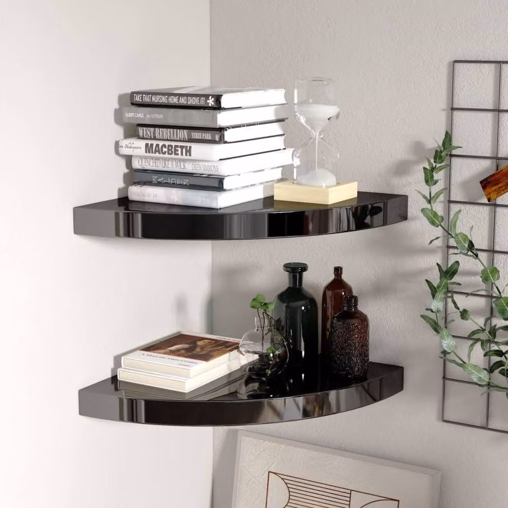 Berkfield Home Set of 2 High Gloss Black Floating Corner Shelves, W/D/H: 35 x 35 x 3.8 cm – 2