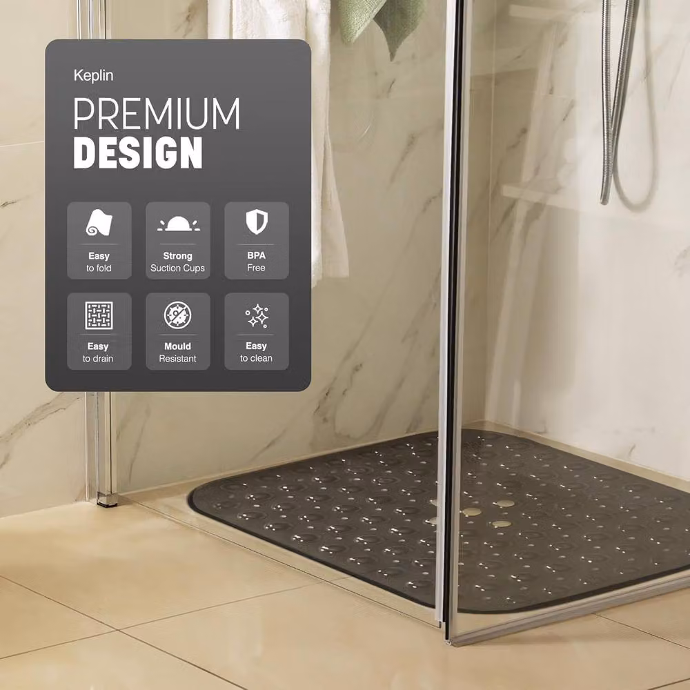 Keplin Non-Slip Rectangular Shower Mat in Black, Antibacterial and Mould Resistant, Machine Washable, W/D/H: 54 x 54 x 1 cm – 8