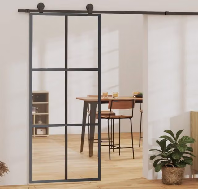 Berkfield Home Black Sliding Glass and Aluminium Door with Hardware Set, W: 90 cm, H: 205 cm