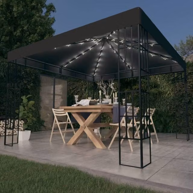 Berkfield Home Gazebo with LED String Lights, Anthracite and Black, W x D: 300 x 300 cm – 1