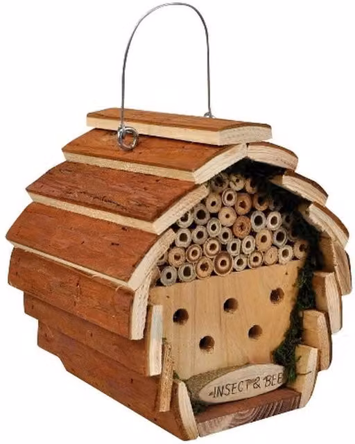 Kingfisher Brown Wooden Insect and Bee Hotel with Wire Hanger, W/D/H: 16.0 x 15.0 x 15.0 cm