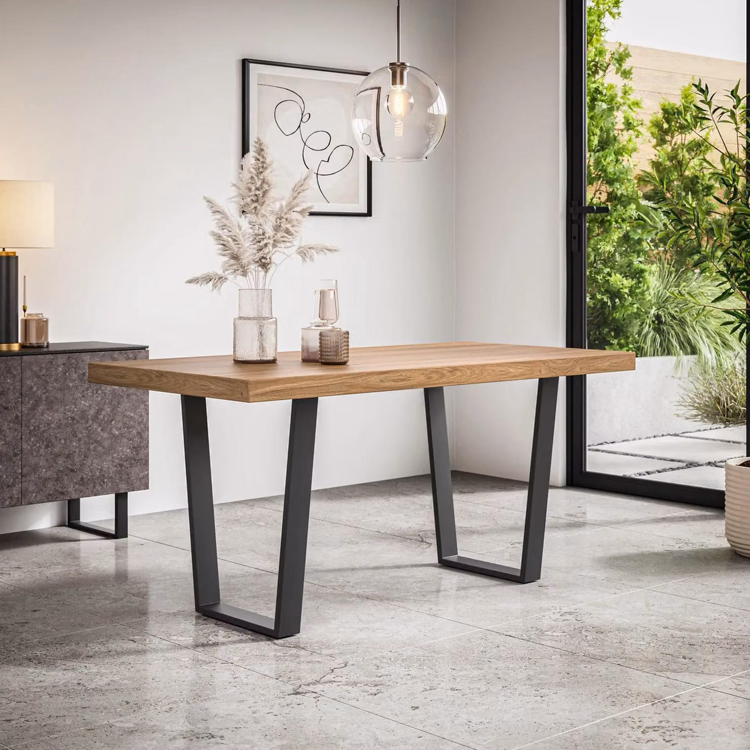 More4Homes Aria Dining Table and 6 Nova Green Velvet Dining Chairs Set with Oak Effect Top and Black Legs, W/D/H: 160 x 80 x 76 cm – 1