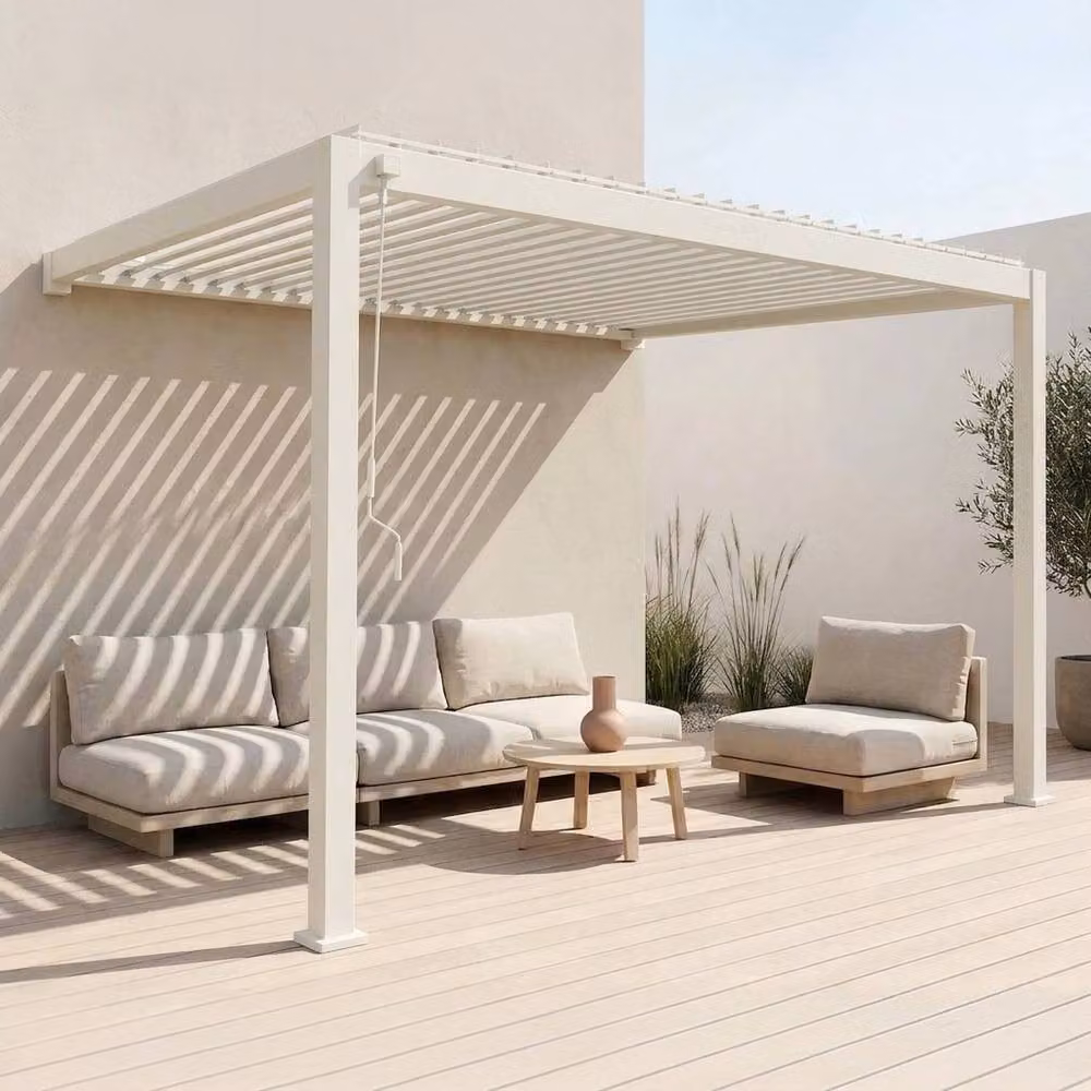 Sweekeec Beige Aluminium Lean-to Pergola with Louvered Roof, W: 400 cm, D: 300 cm, H: 258 cm – 2